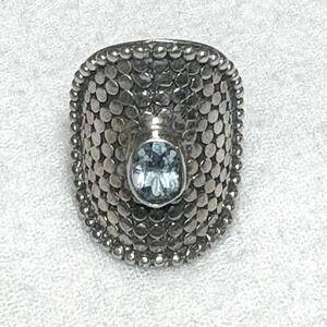 925 Sterling Silver Hammered Dome Cocktail Statement Ring Blue Topaz Size 8